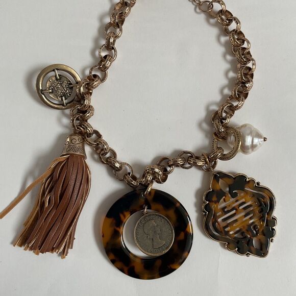 Chico's Tortoiseshell Pearl Charms Tassel Gold Toned Bib Statement Necklace - Picture 8 of 8